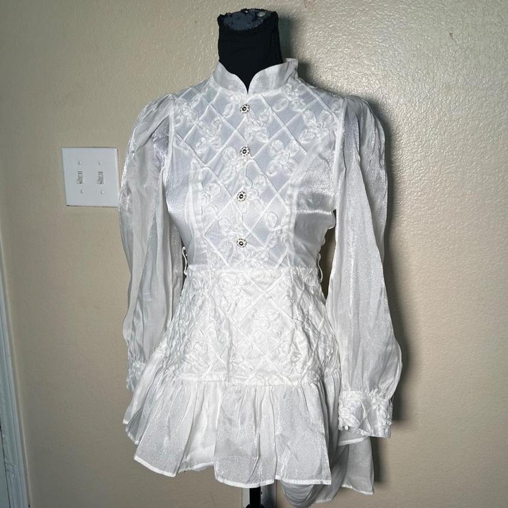 Vintage White Victorian Edwardian Ruffle Peplum Blouse Long Sleeve Mini Dress S